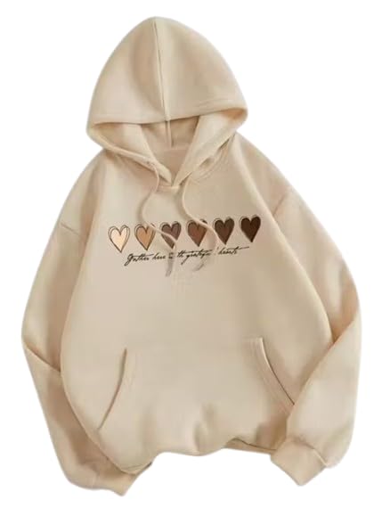 Women's Hooded Sweatshirt with Heart Print, Beige, Full Sleeve Casual Hoodie for Winter-image-41