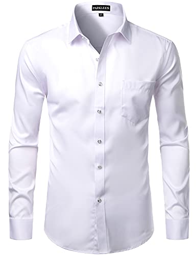 PARKLEES Chemise décontractée à manches longues pour homme avec poche de poitrine, blanc, M