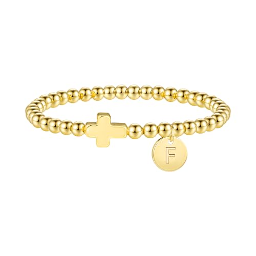 Image of M MOOHAM Cross Initial Bracelets for Women, Letter A-Z Gold Beaded Bracelet | 14K Gold Plated, Cross Initial Bracelet, Non Tarnish Beaded Bracelet, Religious Christian Baptism Gift, Gold Jewelry Gifts