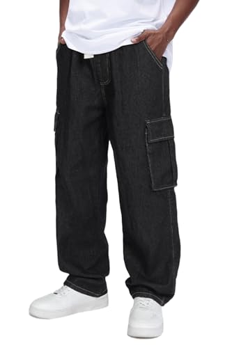 GINGTTO Mens Cargo Jeans Relaxed Fit Stretch with Leg Pockets Black Denim Cargo Pants for Men Boot...