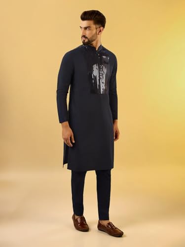 Kisah Men's Kurta, Navy Blue Cotton, Embellished Regular Fit Long Sleeves Mandarin Collar (Xl)