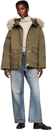 Tommy Hilfiger Donna Parka Padded Parka With Fur Con Chiusura Con Bottoni, Multicolore (Army Green), L - 3