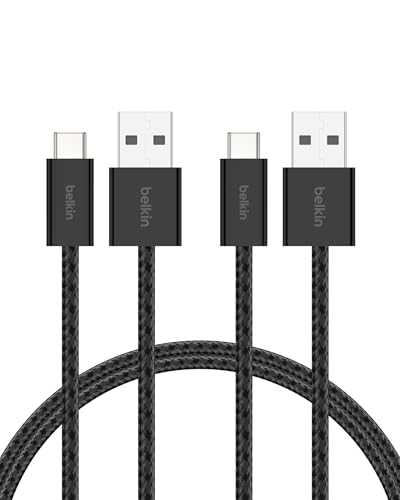 Belkin Pack de 2 Câbles USB-A vers USB-C avec gaine tressée (1,5 m, 15 W, doux au toucher, souple, recharge rapide, pour iPhone 17 et iPhone 16, Galaxy S25,...