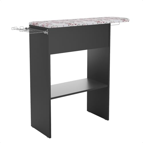 Mesa Tábua Passar Roupa Compacta com Armário Cabideiro Porta Ferro Suporte Metálico Nicho Armazenamento Tecido Estampado Estrutura com Dobradiças Aço - 88x105x30cm (Preto)