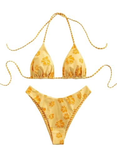 Women's All Over Printed Bathing Suit Halter High Waist Summer Swimsuit Bikinis Set