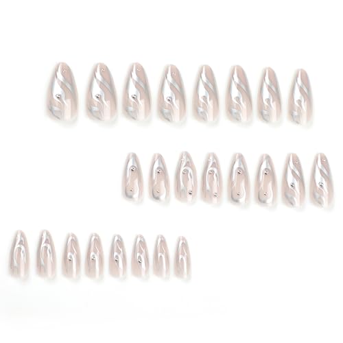 MISUD Press on Nails Medium Almond Fake Nails Glossy Glue on Nails Chrome Swirl Acrylic Nails Stiletto Silver Aurora Artificial Nails 3D Pearl Flash False Nails with Design 24 pcs - Image 5