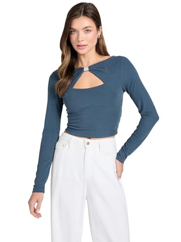 GUESS Womens Eco Long Sleeve Milena Front Bow Top, Moonlit Night, Large