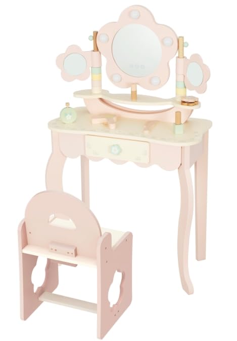 OOOK Kids Vanity with Lights, Princess Makeup Vanity Desk with Open Bookshelf, Storage Cabinet & Shelves, 2 in 1 Toddler Vanity Table
