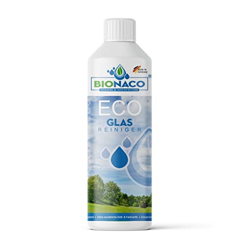 BIONACO ECO Glasreiniger Konzentrat, 1 Liter, starkes Fensterputzmittel für Spiegel & Glas, nachhaltiger Glasreiniger streifenfrei, entspricht höchsten ökologischen Standards, Made in Germany