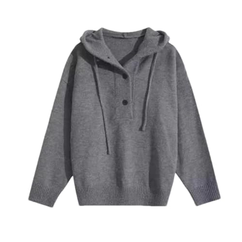 Men's Classic Gray Hooded Knit Sweater Loose Fit Fall Winter Pullover Pullover with Buttons
