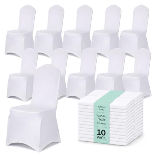 Craft And Party 10 Pack White Spandex Chair Covers – Stretch Polyester Slipcovers for Wedding, Banquet, Party & Dining Chairs – Flat Front Design, Universal Fit