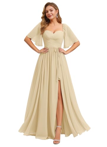 Image of IIF Women's Chiffon Bridesmaid Dresses for Wedding Flutter Sleeves Ruched A Line Long Formal Dress with Slit IIF149