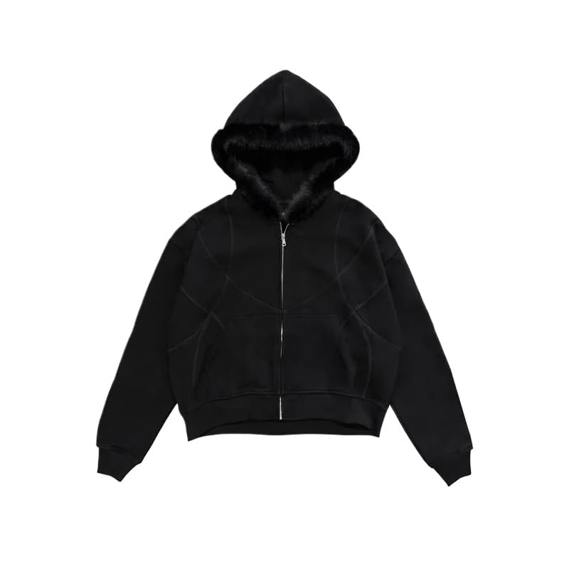 Y2k Zip Up Hoodie Men Hoodie Zip Up Fur Hooded Jacket Grunge Warm Winter Coat for Men with Hood Fur Streetwear