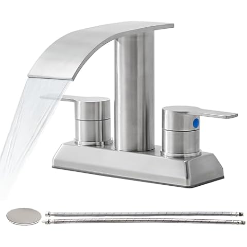 IKEBANA Brushed Nickel Waterfall Bathroom Faucet,4 inch 2 Handle Stainless Steel Bathroom Sink Faucet Modern Waterfall Spout Faucet Lead-Free Bathroom Sink Faucet with Pop-up Drain and Supply Hoses Cover