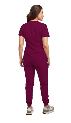 Conjunto de uniforme médico feminino com 7 bolsos, gola V e calça jogger, uniforme médico de enferma