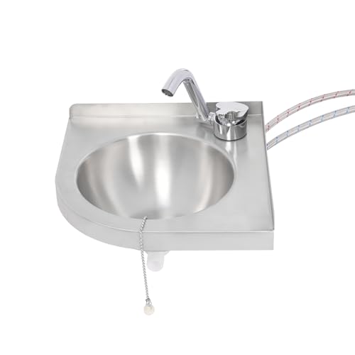 Fregadero de 12 pulgadas con grifo para camping, montaje en pared, triangular, de acero inoxidable, para baño, cocina, caravana, camping, 30,5 x 30,5 cm, plateado