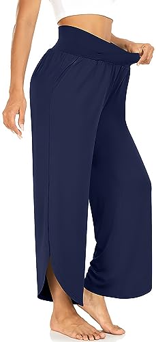 Image of TARSE Women's Wide Leg Yoga Pants Cross High Waist Flowy Split with Pockets | Comfy Lightweight Stretch, Flare Hem Cropped, Loose Dance Pants, Travel & Lounge, Everyday Casual Wear