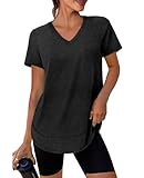 Spring Summer Tops for Women Short Sleeve Hiking Shirts Athleisure Golf Shirt Beach Fashion Curved Hem Loose Fit V Neck Black 2XL