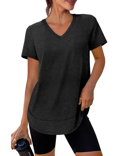 Spring Summer Tops for Women Short Sleeve Hiking Shirts Athleisure Golf Shirt Beach Fashion Curved Hem Loose Fit V Neck Black 2XL