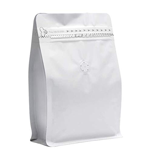 Image of 8 Ounce White Kraft Paper Coffee Bags, Stand Up Coffee Pouches with One Way Degassing Valve and Reusable Side Zipper (Pull Tab to Open) Flat Bottom - - Stand Up Well (50pieces / 8oz, 0.5lb, 227gram)