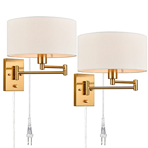 Tengiants Gold Plug In Wall Sconces Set Of Two Brass Swing Arm Wall Lamp Hardwired Wall Sconce With Switch For Bedroom Living Room #TOP13