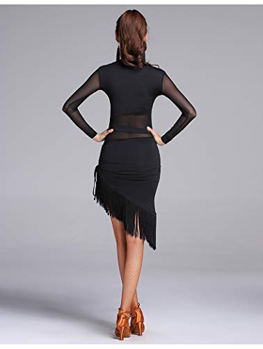 Foto von Jonact Damen Quaste lateinisches Tanzkleid Frauen Ballsaal Kleid Schwarz Mesh Lange Ärmel für Latein Tango Salsa Tanzkostüm