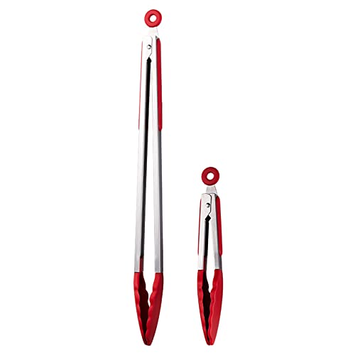 UPTALY Lot de 2 pinces de service rouges avec têtes en silicone (45 cm, 23 cm), pinces à barbecue extra longues, en acier inoxydable avec poignée allongée, pinces alimentaires de petite taille Cover