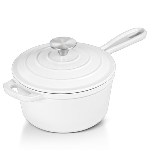 Leonyo Enameled Cast Iron Sauce Pan with Lid, 1 Quart Saucepan with Lid, Small Enamel Cast Iron Dutch Oven Kitchen Cookware for All Cooktops Making Pasta Sauce, Soup, Milk - Up to 500°F & White