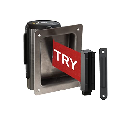 Montour Line WM115 Wall Mounted Retractable Belt Barrier with Standard Belt End, Recessed Mount, Polished Stainless Steel Casing (13 ft Red with"NO Entry" White Letters Belt)