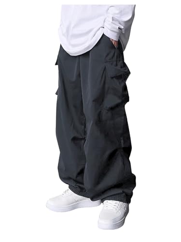 GORGLITTER Boy's Pants Baggy Cargo Wide Leg Pants Casual Y2K Flap Pocket Side Elastic Waist Loose Trousers 8-16Y Grey 14 Years
