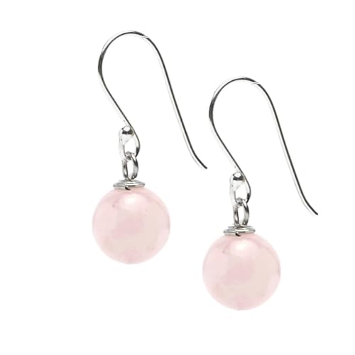 Image of TreasureBay Women's Handmade Natural Gemstone Sterling Silver Dangle Drop Earrings 10mm Ball Beaded Earrings | Gift for Women, Girls (Rose Quartz)