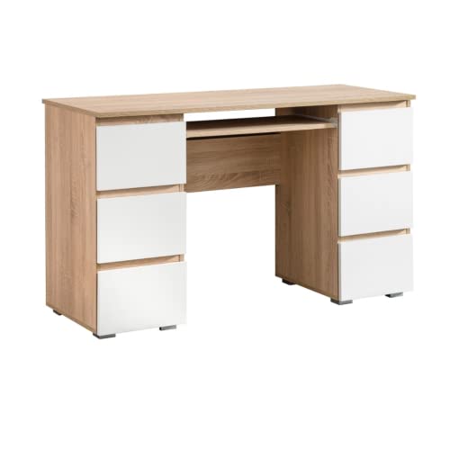 FURNICA - Cuba - Bureau d'ordinateur avec 6 tiroirs et Plateau Clavier H78cm L130cm P50cm - Chêne Sonoma/Blanc Cover