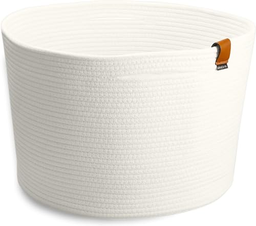 DENJA & CO Large Dog Toy Storage - White Woven Basket for Toys, Blankets, Pillows, or Laundry | Cotton Rope Basket (17.7