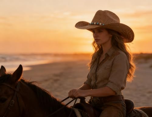 Image of Cowboy Hat for Women, Western Cowgirl Hat, Classic Straw Cattleman Cowboy Hat