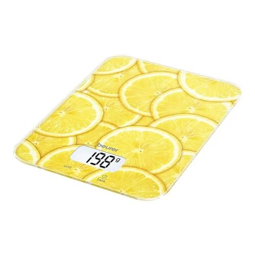 Beurer KS 19 lemon Balanza de cocina, báscula digital para cocinar, con función de pesaje de tara, funcionamiento con con botón táctil, capacidad de carga de 5 kg