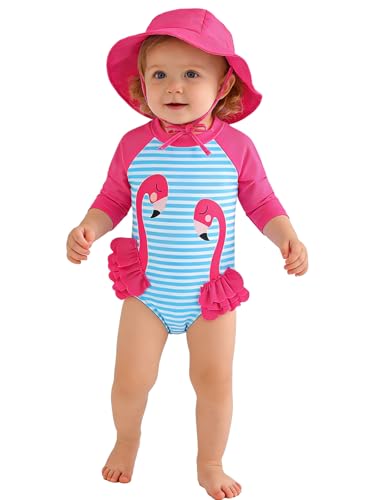 Image of WOLBAY Baby Girl Swimsuit Long Sleeve One Piece Rash Guard with Sun Hat Zipper Bathing Suit Size 0-2T