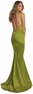 Women's Backless Mermaid Prom Dresses 2025 Long Satin Formal Dress Corset V Neck Evening Gown Bodycon with Train Olive