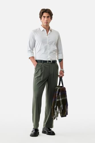 Image of SNITCH Men Casual Trousers | Loose Fit Pleated Front Plain Wide-Leg Style | Lightweight Polyester Blend Medium-Stretch Fabric for Summer & All-Day Comfort Wear