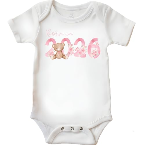 Image of Baby vest Born in 2026" Design, Soft Cotton beautiful design in a choice of 2 colours and various sizes. (Pink, 0-3 Months)