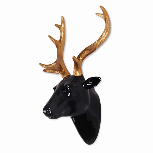 Sac Smarten Arts Animal Head Wall Decor, Glossy Black Faux Resin Deer Head With Gold Antlers For Wall Mount Decoration, Size 10" X 5" X 12" #TOP1