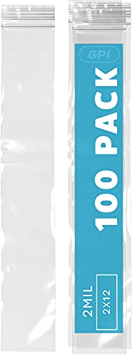 Gpi RB0212-2HH-100P 100 Case, 2 Inch X 12 Inch Extra Long, Clear Plastic Reclosable Zip Bags - Bulk, 2 Mil Thick, Durable, Resealable Poly Baggies With Zip Top Lock For Packaging & Shipping Incense cover
