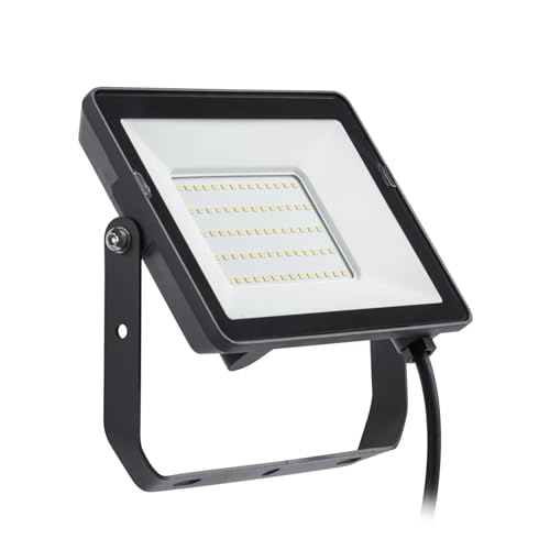 PILA Foco LED para exterior, 50W, No regulable, Luz Blanca Neutra (4000K), 4750 Lúmenes, Óptica simétrica de vidrio templado, Aluminio, IP65, IK06, Clase I, 35.000 h de Vida Útil, Cable 60cm