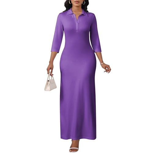 Image of PinkPatty Women's Casual 3 /4 Sleeve Polo V Neck Bodycon Maxi Dress | Semi formal, modest style, long fitted, versatile for church, work, business, office and daily wear