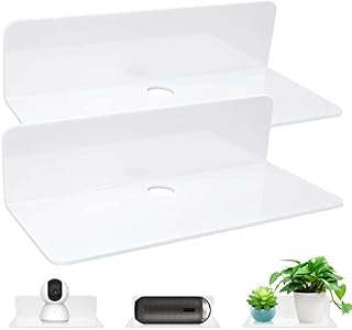 White Floating Wall Shelves Set of 2, Small Self Adhesive Wall Shelf No Drill Display Shelf, Easily Expand Wall Space Acrylic Shelves with Cable Clips for Bedroom, Living Room, Bathroom, Kitchen