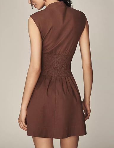 Image of Women's V Neck Summer Dress Cap Sleeve Zipper Mini Dress Smocked Slit Dress with Pockets