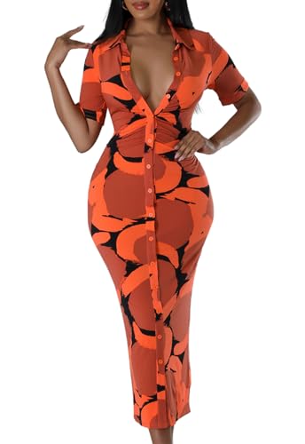 Image of ZERMOM Women's Button Down Shirt Dress Short Sleeve Print Collar V Neck Summer Bodycon Midi Dresses