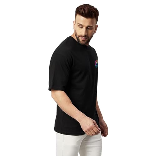 Image of prabhu bhakti Men's Oversized Peacock Feather Printed Black Cotton T-Shirts | Collection | Round Neck Drop Shoulder Half Sleeve Black Casual T-Shirt for Men