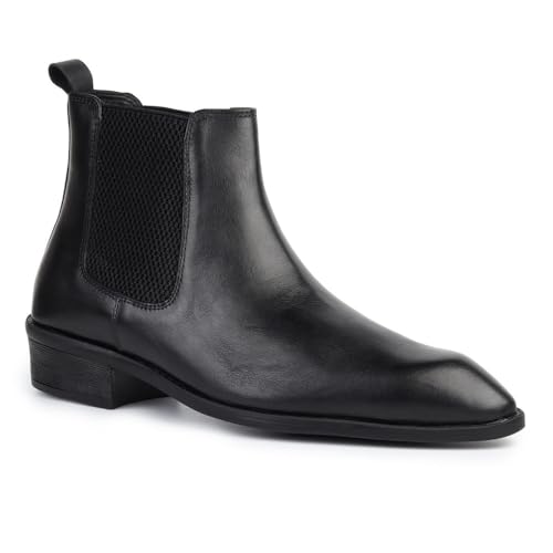 Image of Hayes London Chelsea Boots for Man | Crust Leather Black Ankle Boots | Cuban Heel Pointed Toe Stylish Formal & Casual Boots for Men | Slip-On Elastic Side Panel