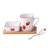 JKXLSLAX Kreatives Frühstücksschüssel-Set Mit 3 Rechteckigen Holztellern, Keramik-Haferflockenschüssel, Becher, Niedliche Erdbeer-Dessert-Suppenschüssel Mit Löffel