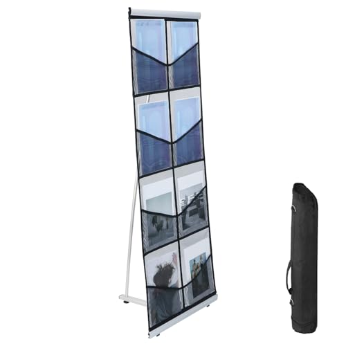 QWORK Soporte portátil de malla para folletos con 8 bolsillos, soporte de soporte de pie de diseño plegable, soporte de estabilidad de metal de 20 x 14 x 54 pulgadas